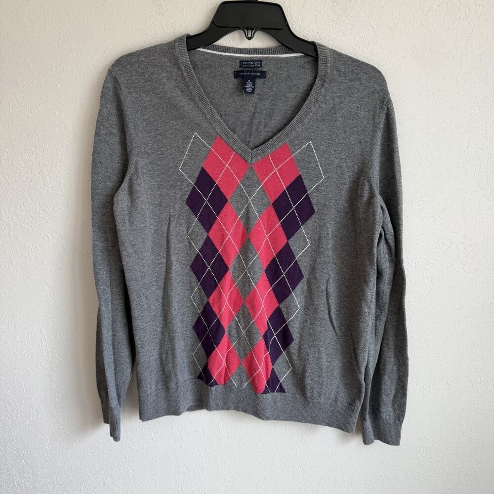 Tommy Hilfiger Gray Pink Argyle V-Neck 100% Pima Cotton Sweater Womens XL